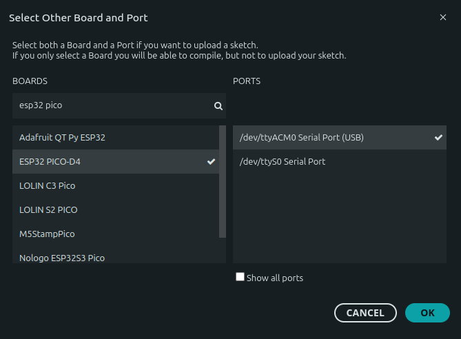 Snapshot of the ESP32 Pico D4 in the Arduino IDE board manager