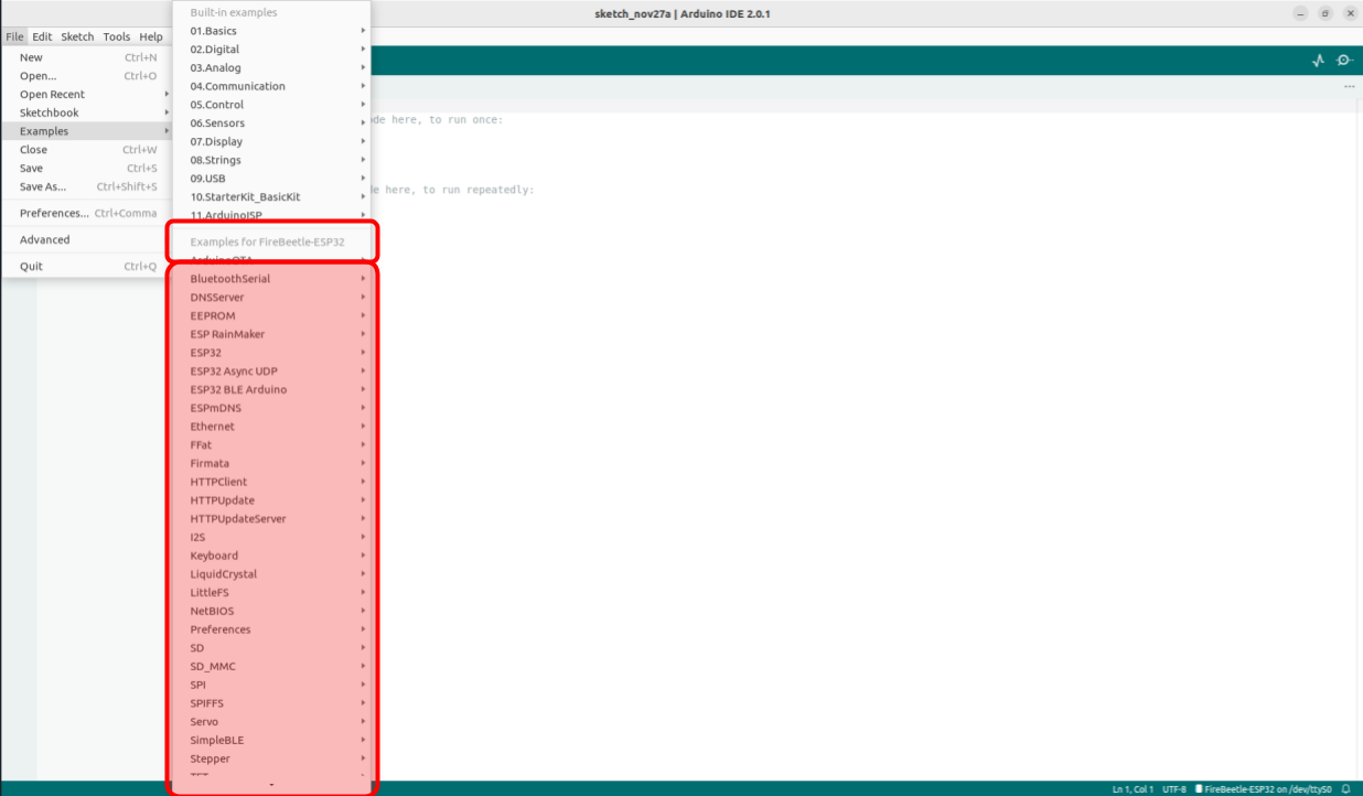 ESP32 example sketch in the Arduino IDE