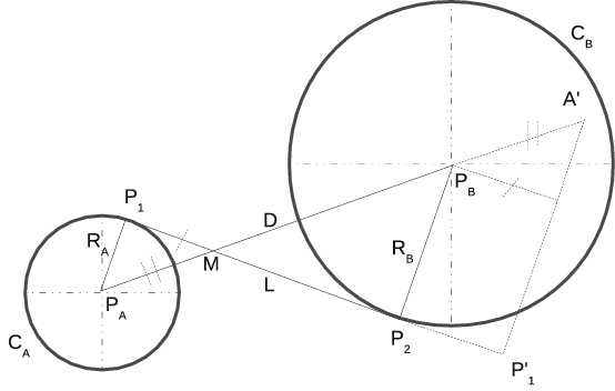 Second configuration of a line segment tangent to two circles