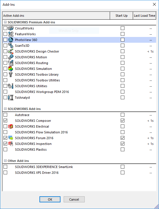 Add-ins window in Solidworks 2016