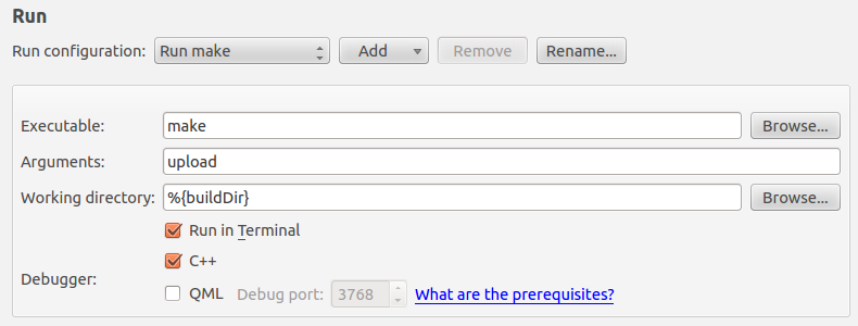 Réglage des paramètres dans le menu Run settings de Qt creator project