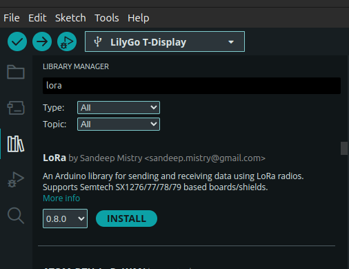 Installer la bibliothèque LoRa dans le gestionnaire de bibliothèque de l'IDE Arduino
