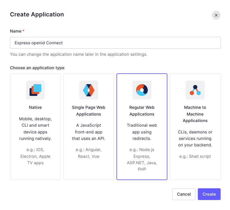 Créer une nouvelle application web sur le site web Auth0