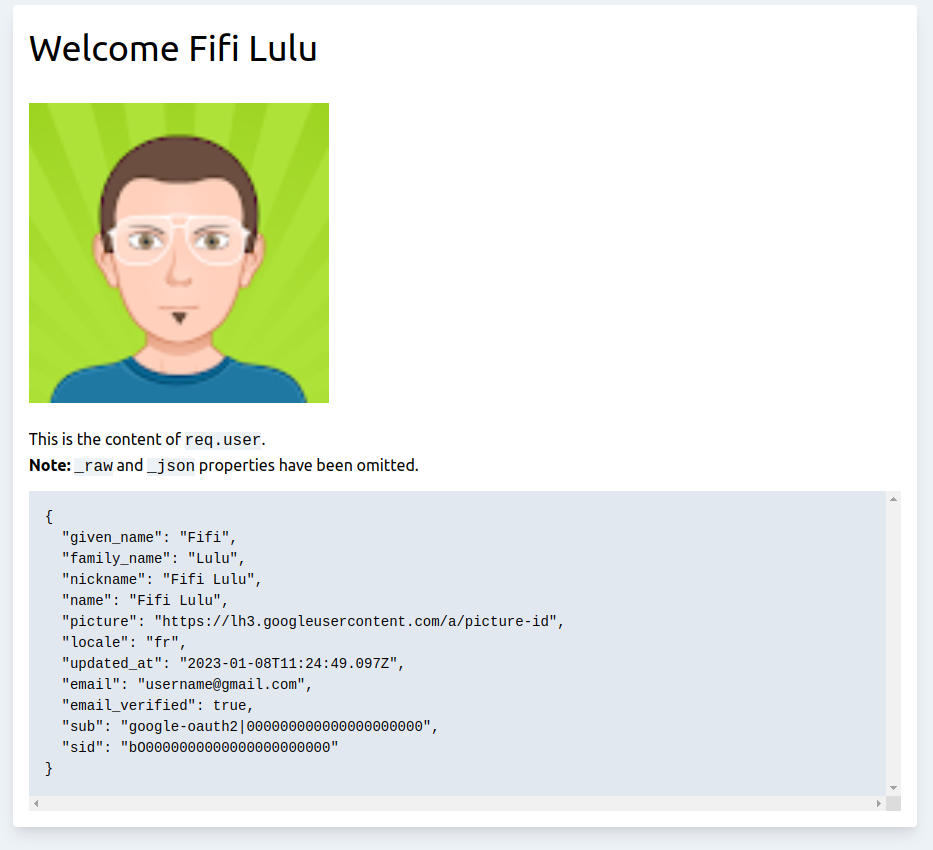 Informations sur le profil fournies par Google / Auth0