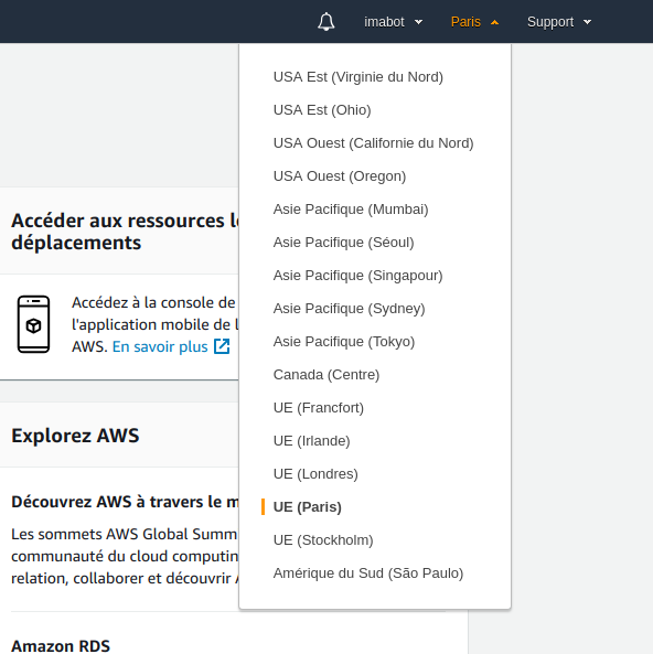 Sélection de la localisation géographique dans la console AWS