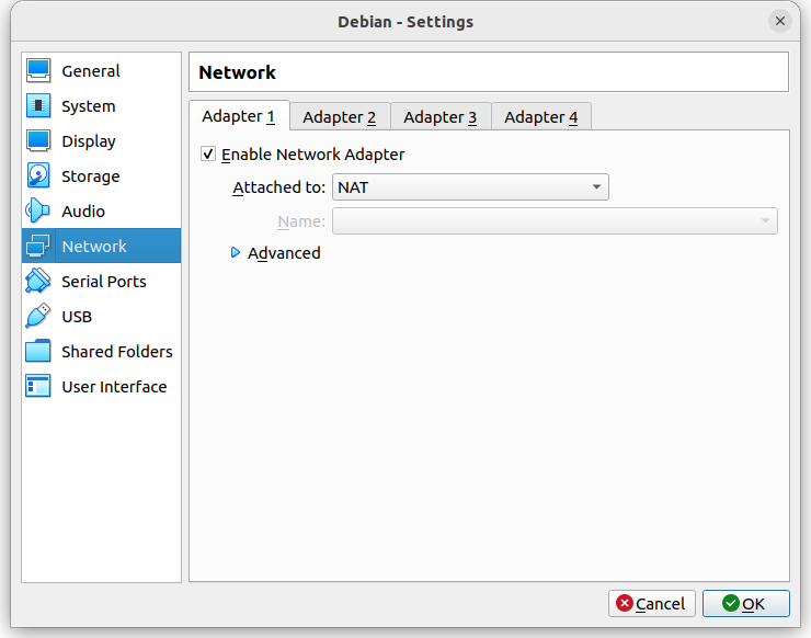 VirtualBox paramètres réseau