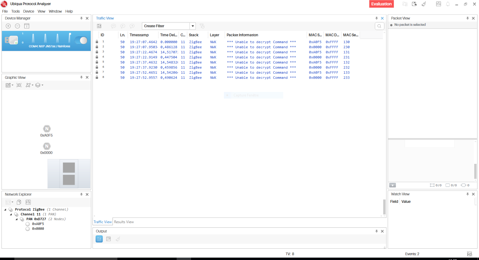 Traffic ZigBee enregistré par le sniffer